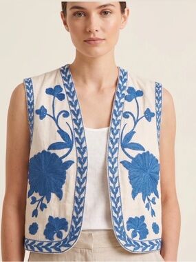 MARVELLA Embroidered Cotton Vest in Blue & Cream